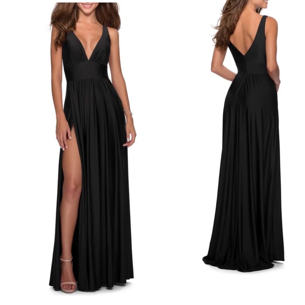 La Femme Black Deep V High-Slit Evening Gown